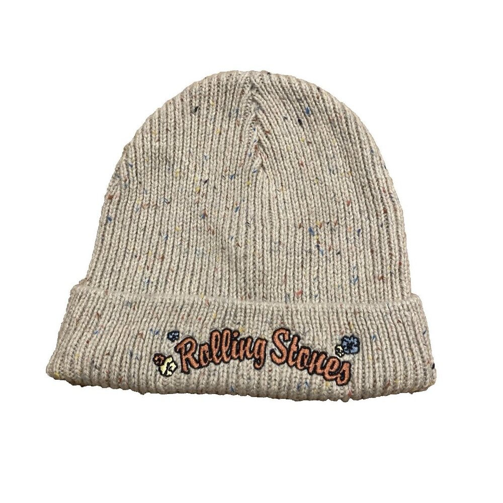 the Rolling Stones Tan Speckled Knit Cuffed Beanie with Embroidered Logo